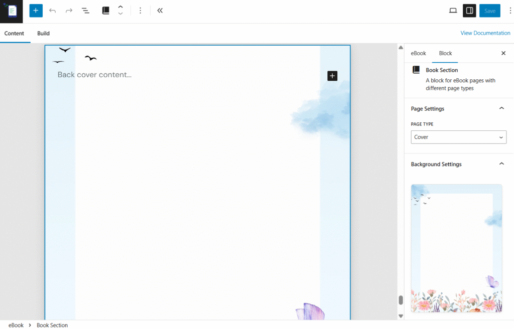 Creating your first eBook with eBook Crafter 9 Book section block highlighting how back cover image can be added.