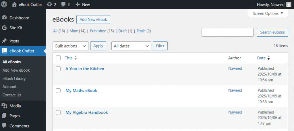 Creating your first eBook with eBook Crafter 2 eBook Crafter dashboard showing the eBooks list and Add New button