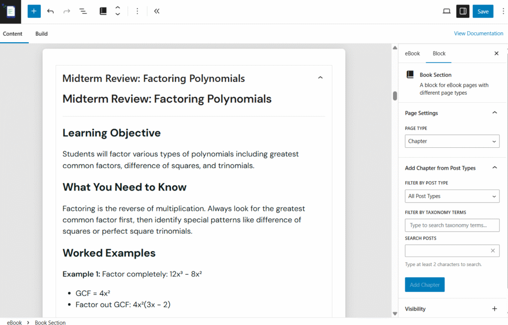 Creating your first eBook with eBook Crafter 5 Book section block with search field to find posts to add in eBook