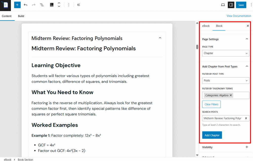 Creating your first eBook with eBook Crafter 6 Search fields for finding posts highlighted in Book Section block's settings