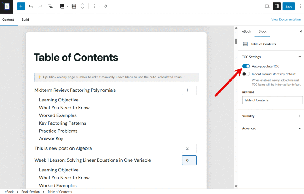 Creating your first eBook with eBook Crafter 7 Table of Contents block with toggle switches to auto-populate TOC and indent manual items by default.