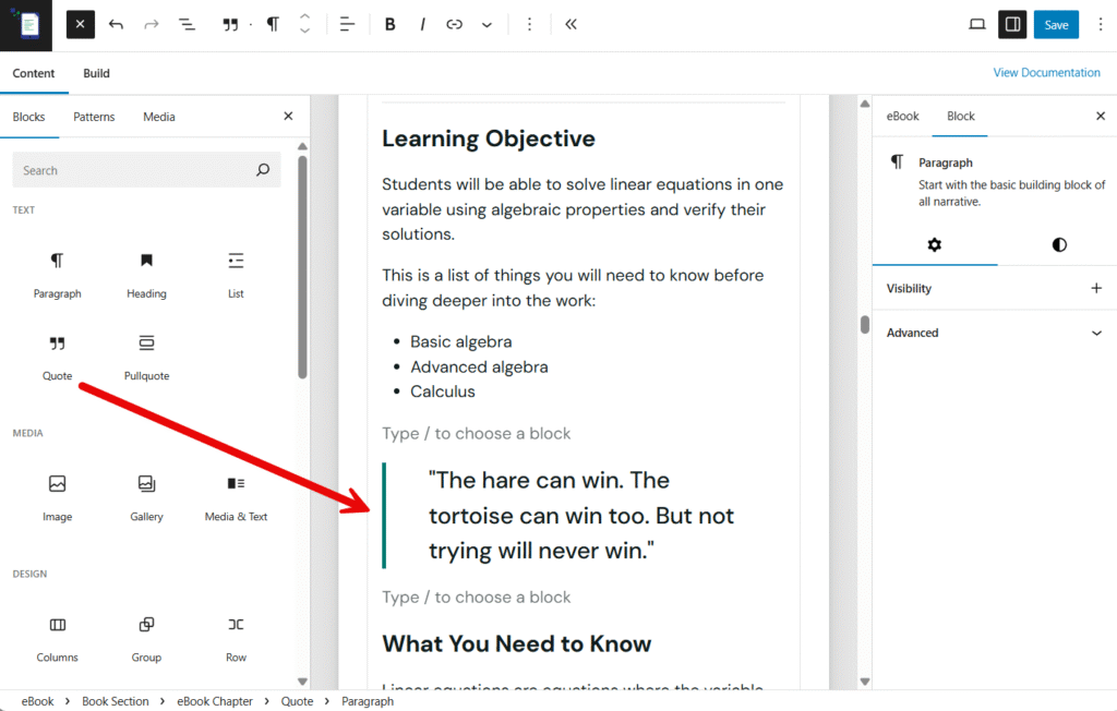 Creating your first eBook with eBook Crafter 8 Chapter block area showing how Quote block can be added.