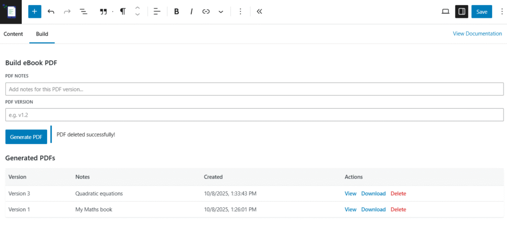 Creating your first eBook with eBook Crafter 10 Build tab showing how PDF eBooks can be generated.