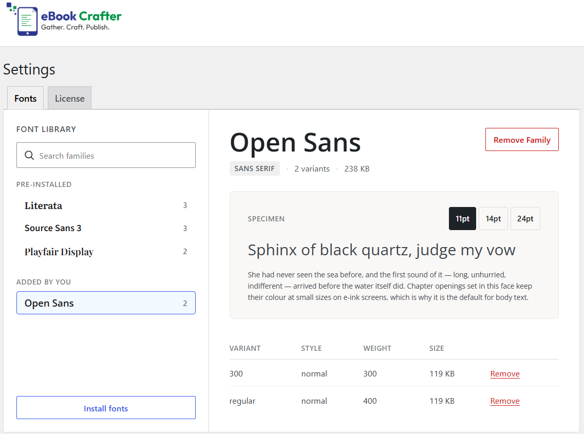 The Fonts management interface at eBook Crafter  > Settings.
