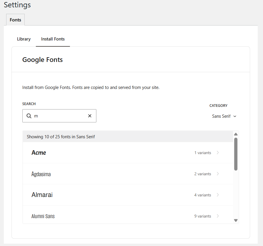 The Fonts tab of the Settings page of eBook Crafter.