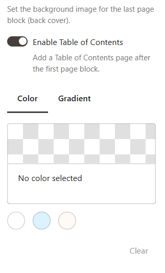 The toggle switch Enable Table of Contents and the background Color and Gradient settings from the eBook tab highlighted.