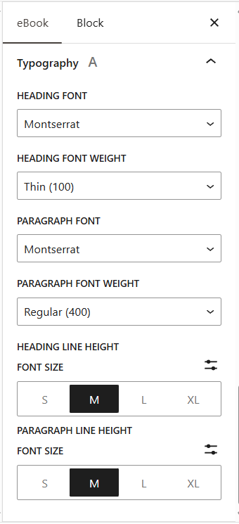 The Typography settings highlighted. This is where the font family, font weight and line height for the headings and paragraphs can be set.