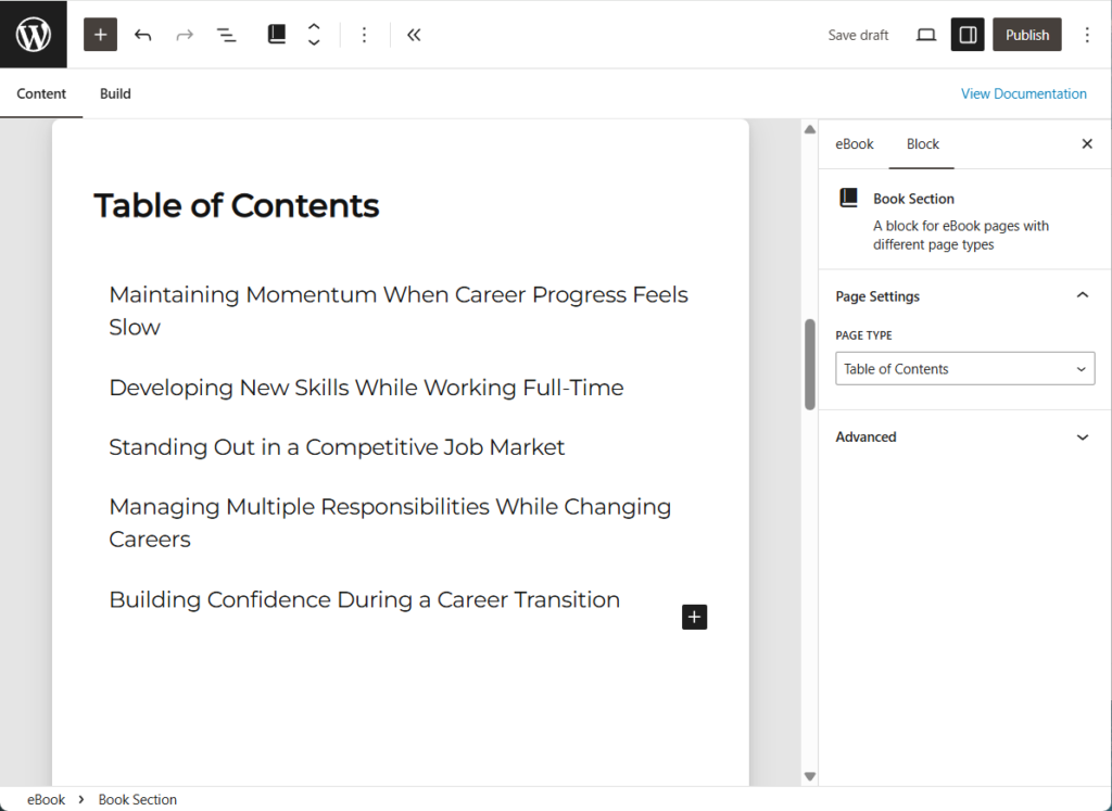 The Book Section block of type Table of Contents.