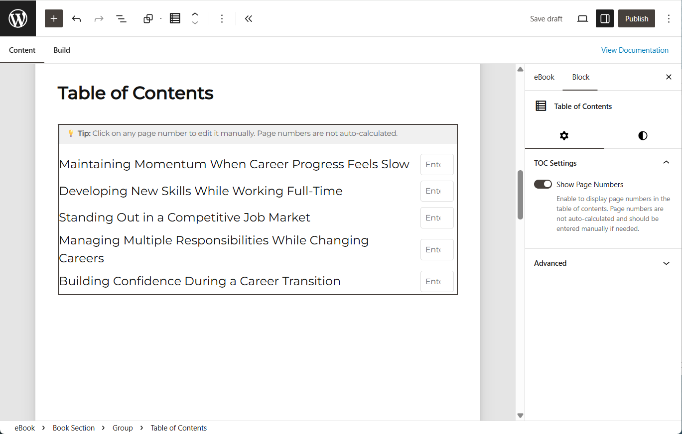 The Table of Contents block highlighted. 