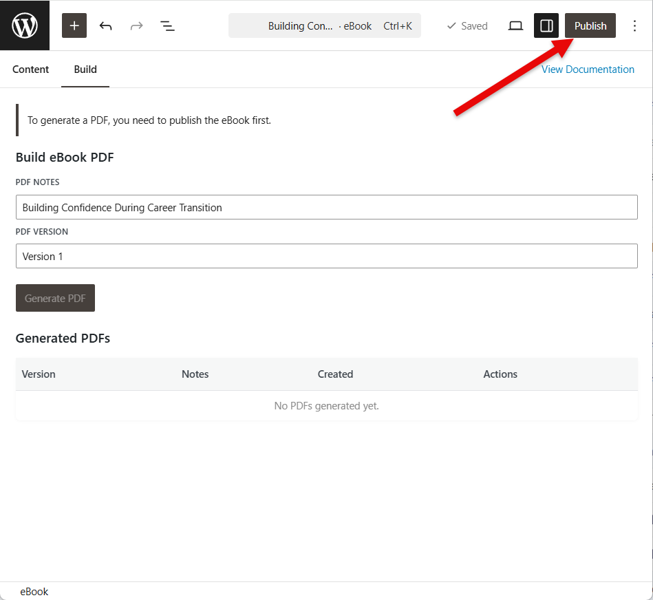 The Build tab of the eBook Crafter plugin, where eBooks can be exported. 