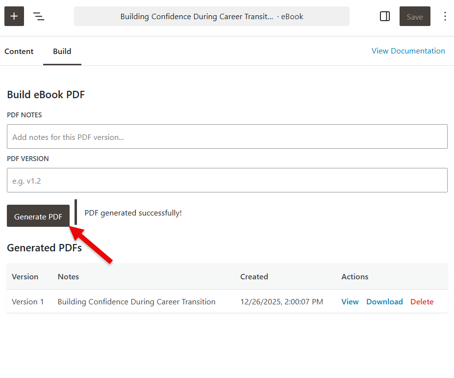 The Build tab of the eBook Crafter plugin, where eBooks can be exported. The Generate PDF button is highlighted.