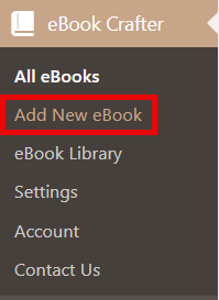 The eBook Crafter admin menu in the admin dashboard, with the Add New eBook link highlighted.