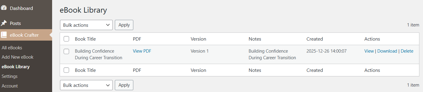 The eBook Library page of the eBook Crafter plugin.