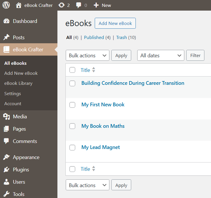 The eBook Crafter admin menu in the admin dashboard, with the All eBooks link highlighted.