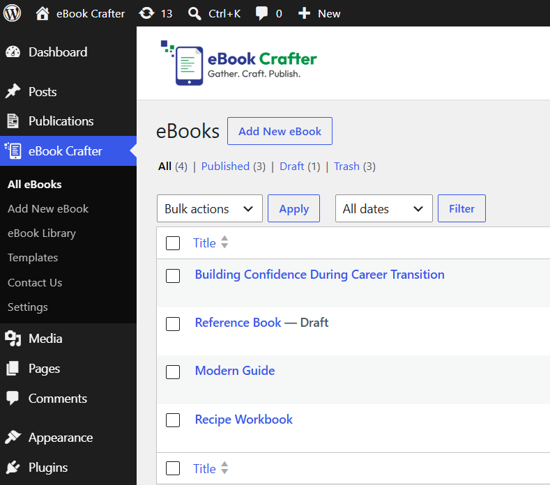 How to Generate ROI from a Life Coaching Website With an eBook 2 The eBook Crafter admin menu in the admin dashboard, with the All eBooks link highlighted.