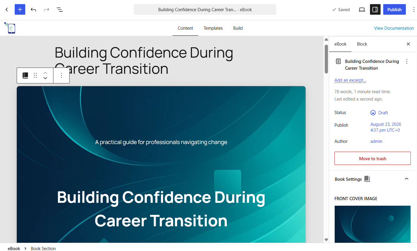 How to Generate ROI from a Life Coaching Website With an eBook 4 The Block Editor interface that serves as a canvas for your eBook. The Cover page block is highlighted.