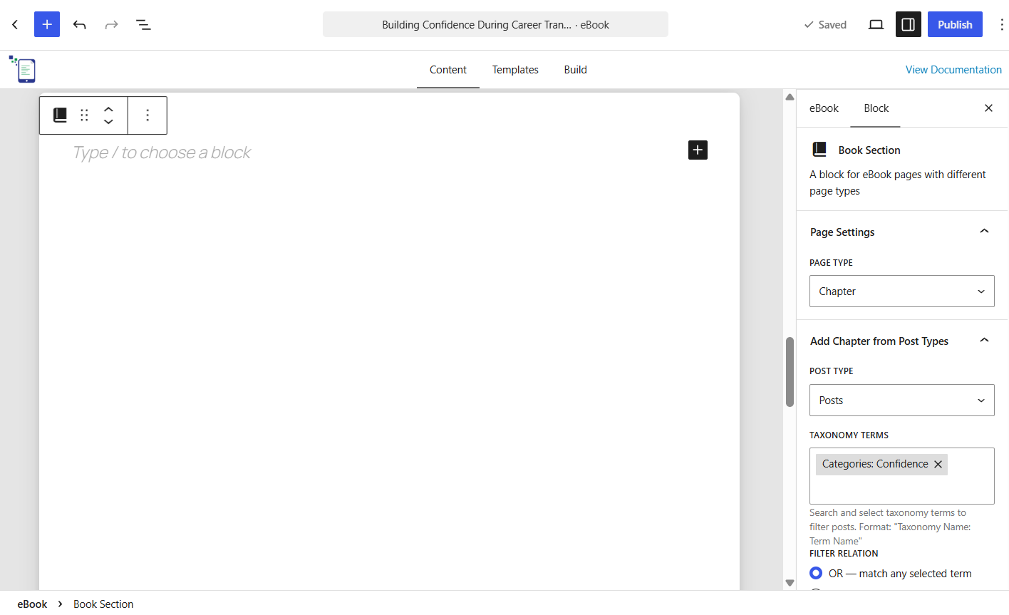 How to Generate ROI from a Life Coaching Website With an eBook 5 The Book Section block of type Chapter highlighted. This is where content is gathered, arranged and edited.