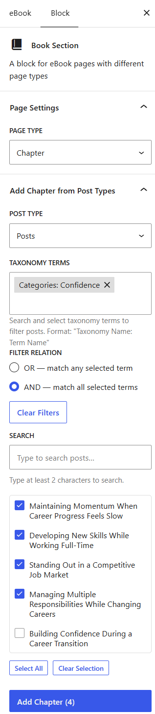 How to Generate ROI from a Life Coaching Website With an eBook 6 The Book Section block's Settings area. Users can set filter by taxonomy terms or search using the text field provided.