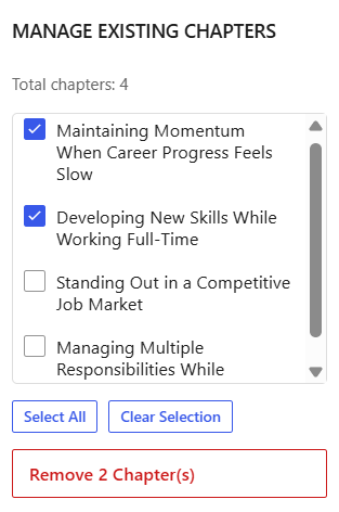 How to Generate ROI from a Life Coaching Website With an eBook 8 The 'Manage Existing Chapters' section of the Chapter Book Section Block's Settings. This is where users can remove existing chapters.