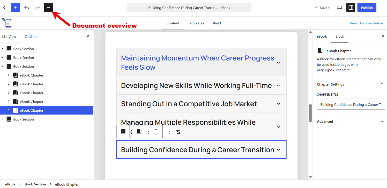 How to Generate ROI from a Life Coaching Website With an eBook 9 A view of the Document Overview feature in WordPress' Block Editor. This is where users can move eBook Chapters around to change their order.