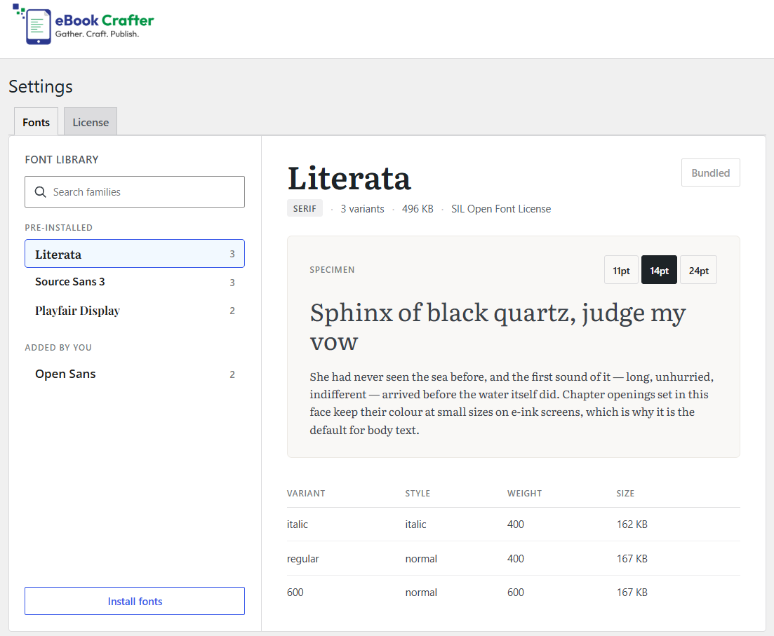 How to Generate ROI from a Life Coaching Website With an eBook 11 The Fonts tab of the Settings page of eBook Crafter.