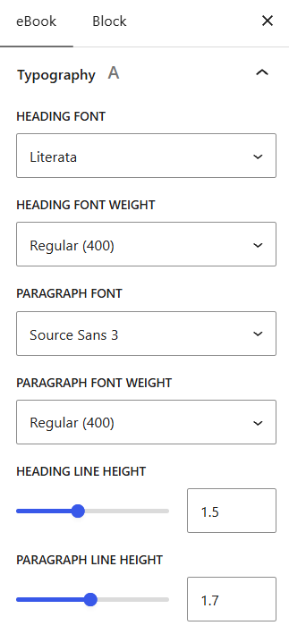 How to Generate ROI from a Life Coaching Website With an eBook 17 The Typography settings in the eBook's Settings section.