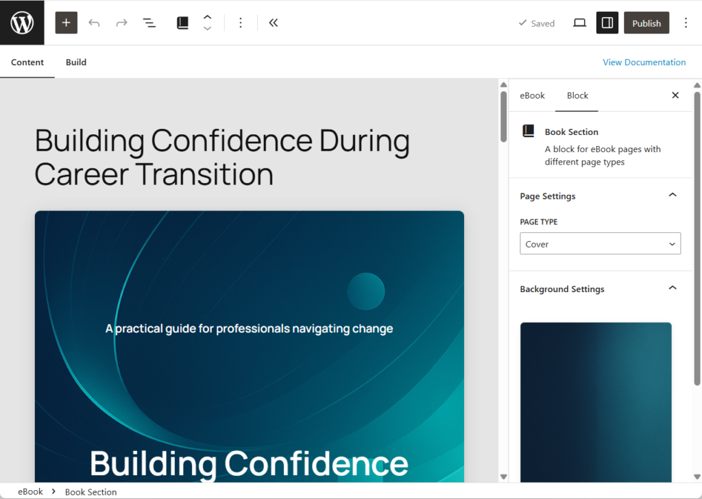 The Block Editor interface that serves as a canvas for your eBook. The Cover page block is highlighted.