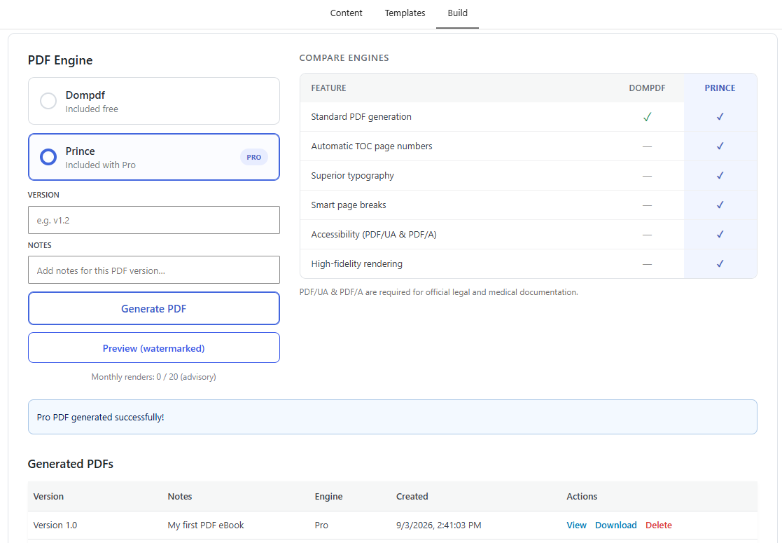 How to Generate ROI from a Life Coaching Website With an eBook 23 The Build tab of eBook Crafter, where you can choose the PDF generation engine - either Dompdf or Prince - and export your PDF eBooks.
