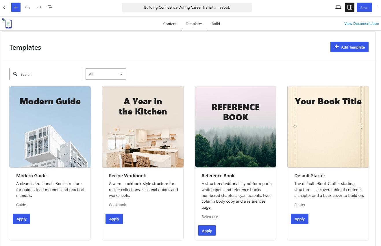 How to Generate ROI from a Life Coaching Website With an eBook 21 The Templates tab of eBook Crafter. Use this tab to select and apply a Template or click +Add Template to add your own.