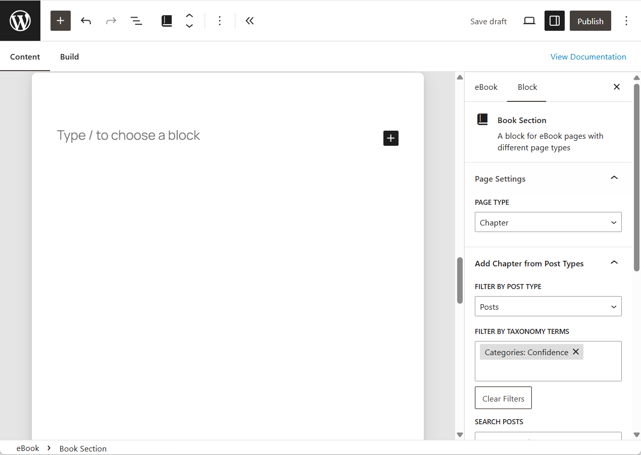 The Book Section block of type Chapter highlighted. This is where content is gathered, arranged and edited.
