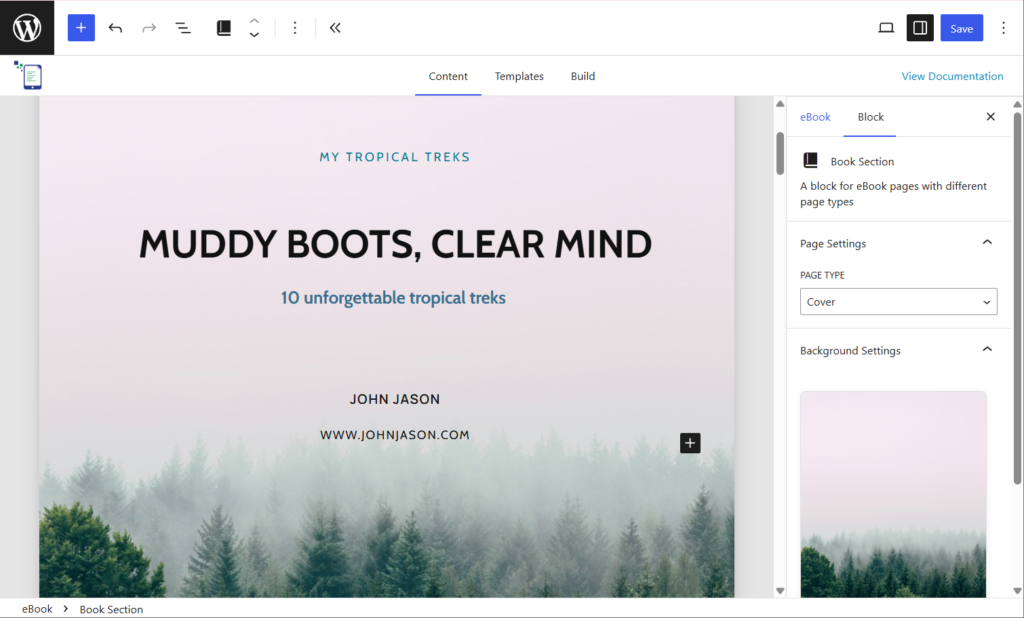 The Content tab of the eBook Crafter block editor UI, with the Cover page block highlighted.