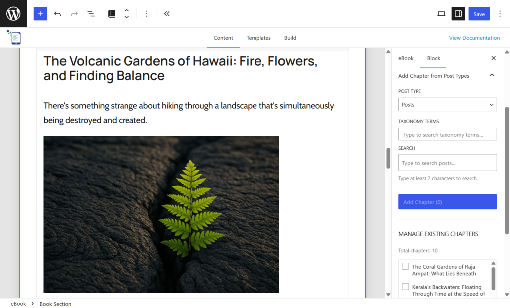 The Content tab of your eBook Crafter UI that lets you search for posts and add them to your eBook canvas.
