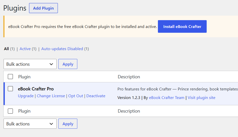 What's new in eBook Crafter Pro v1.2 and the free plugin's v1.0.1 3 Admin notice with the Install eBook Crafter button.