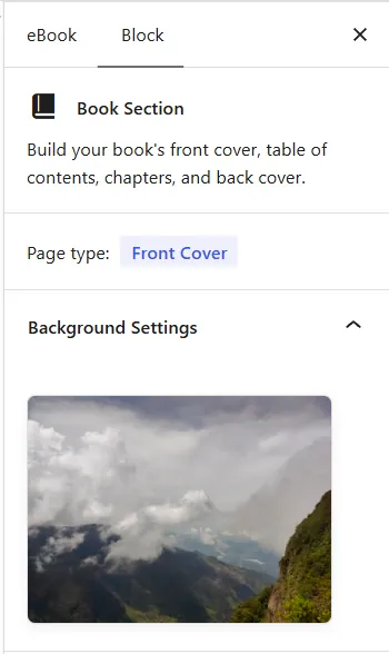 WordPress eBook Creator Features 5 Book Section settings in the eBook Crafter sidebar, with a front cover background image