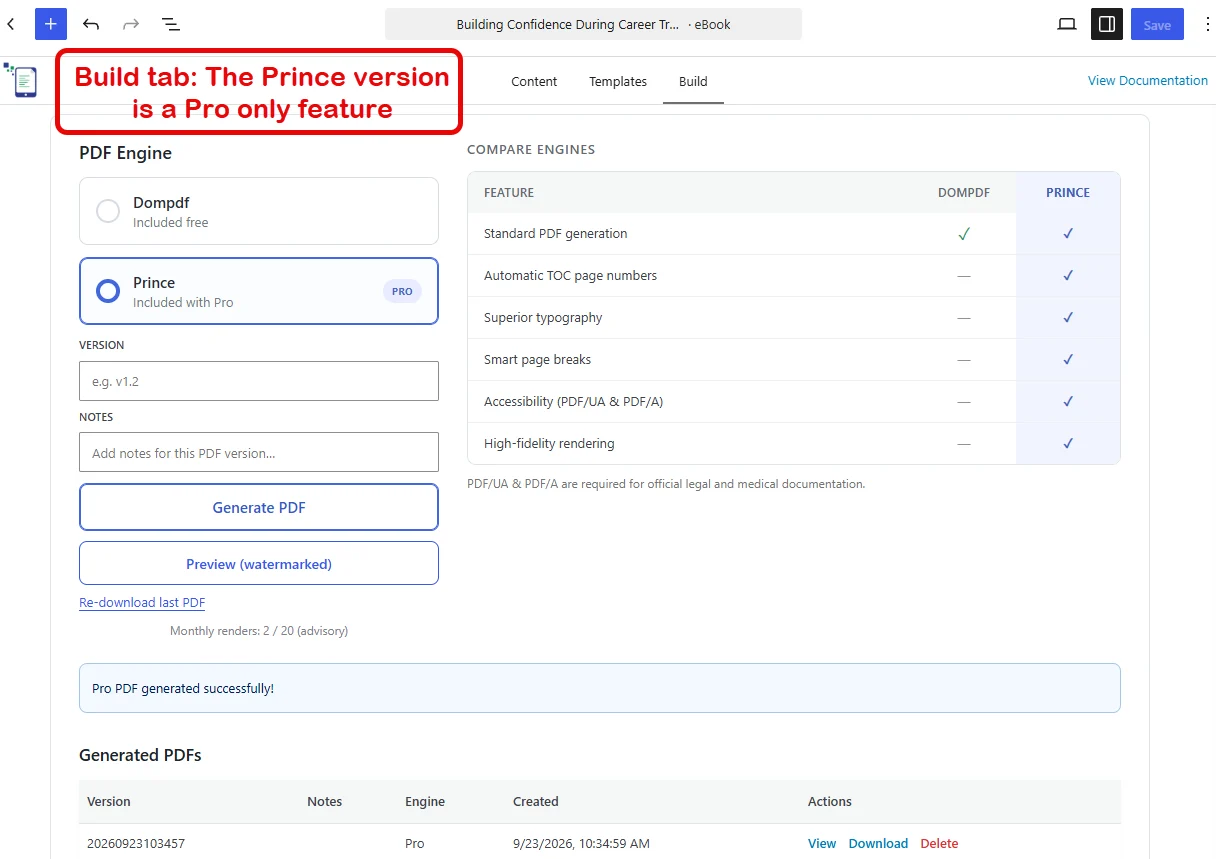 WordPress eBook Creator Features 7 Build tab in eBook Crafter, the WordPress PDF plugin