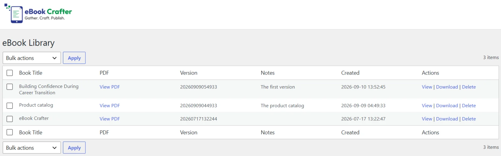 WordPress eBook Creator Features 9 The eBook Library listing every PDF build with version labels and notes