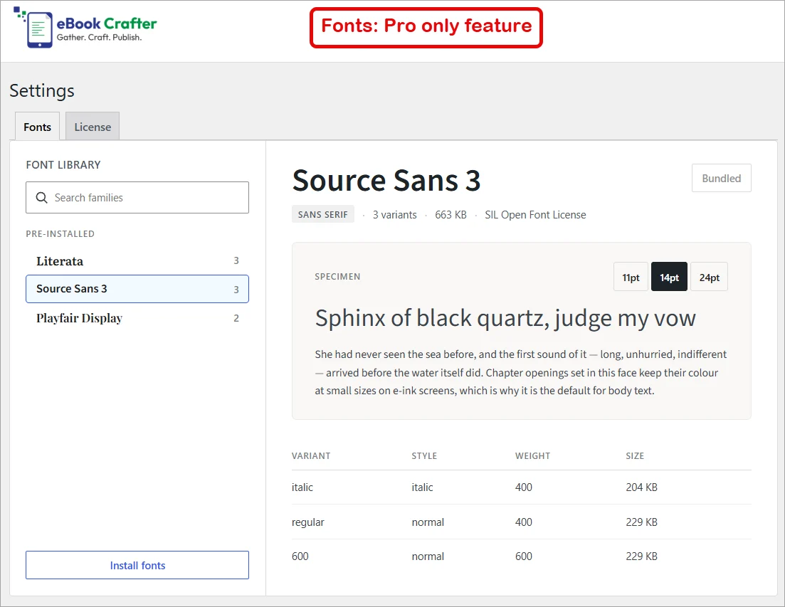 WordPress eBook Creator Features 4 The Fonts settings screen with bundled fonts and Google Fonts search (Pro)