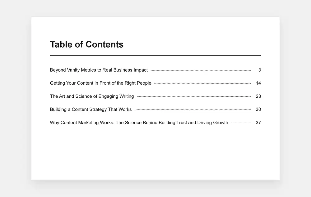 WordPress eBook Creator Features 8 A table of contents built with Prince in eBook Crafter Pro, with dot leaders and page numbers