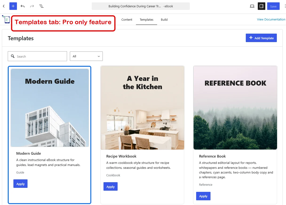 WordPress eBook Creator Features 3 The Templates tab for applying a ready-made book template (Pro)