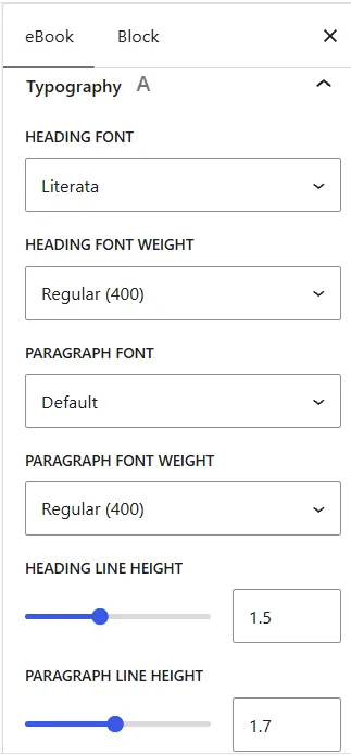 WordPress eBook Creator Features 6 The Typography panel in eBook Crafter, with heading and paragraph fonts, weights and line height sliders